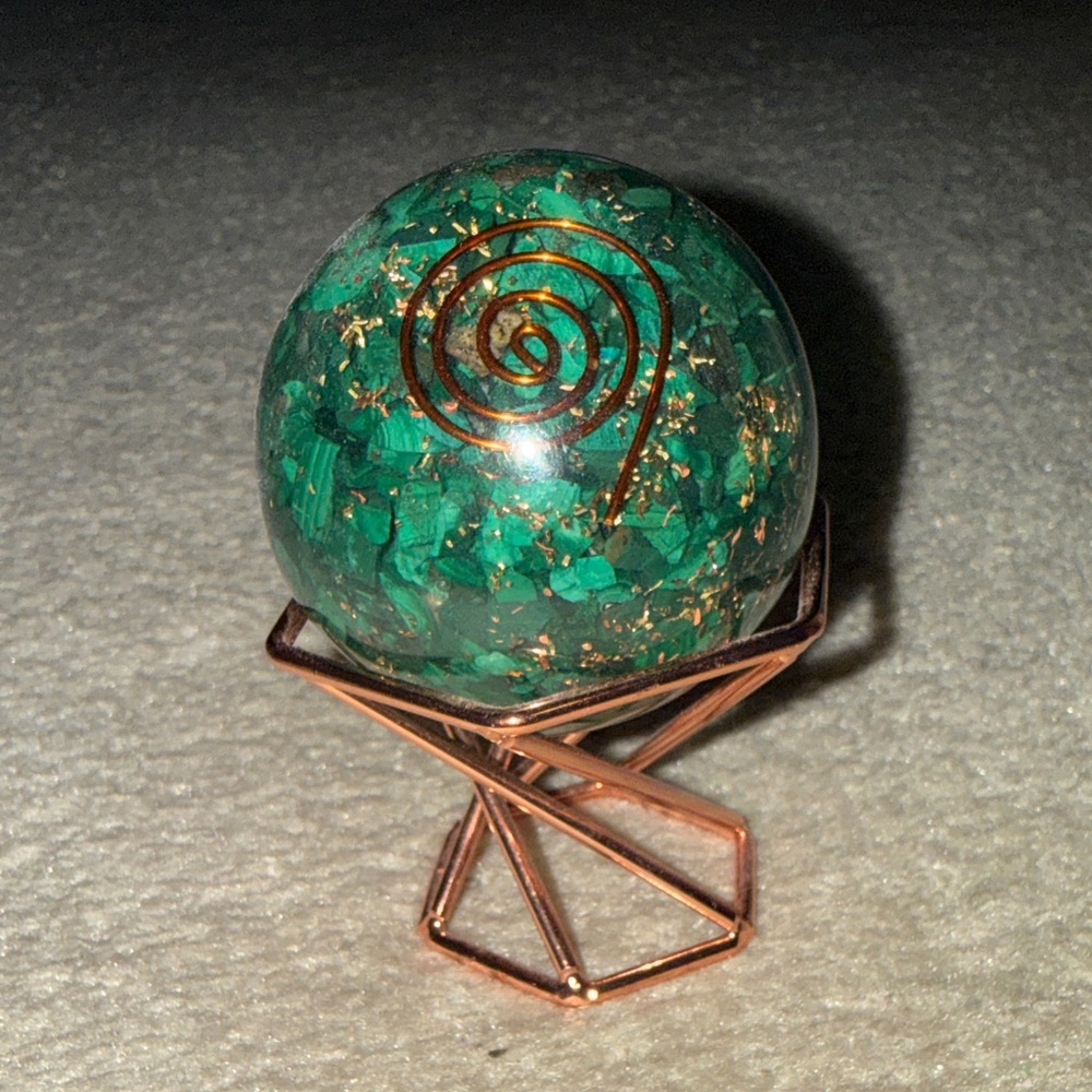 Green Crystal Sphere with Copper Spiral Accent + stand
